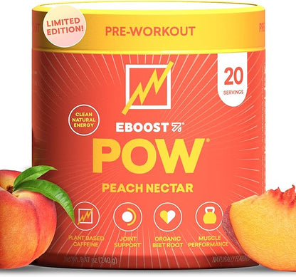 EBOOST POW Natural Pre Workout Powder - 20 Servings, Peach Nectar - Preworkout Energy Booster Gym