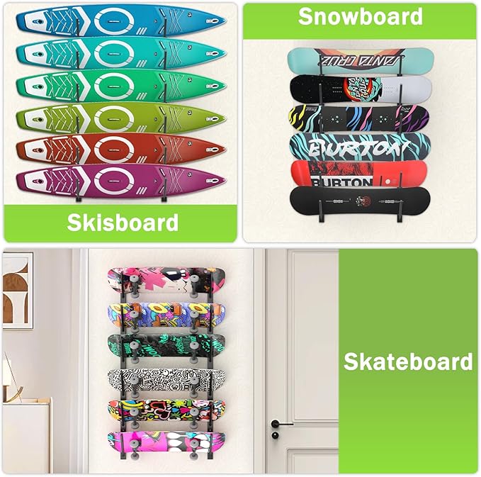 Skateboard Wall Mount, 6-Tier Skate Board Rack Wall Mount, Snowboard Storage Longboard Deck