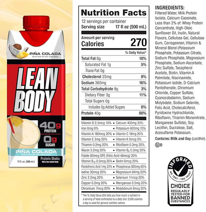Lean Body Ready-to-Drink Pina Colada Protein Shake, 40g Protein, Whey Blend, 0 Sugar, Gluten Free