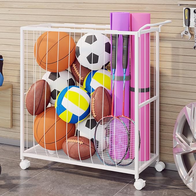 Ball Storage Bin Rolling Sports Ball Cart, Metal Garage Organizer Sport Rack, Ball Basket Storage
