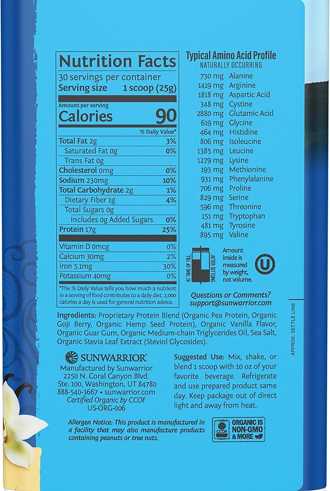 Sunwarrior Vegan Protein Powder Organic Plant-Based Protein | BCAA Amino Acids Hemp Seed Plant