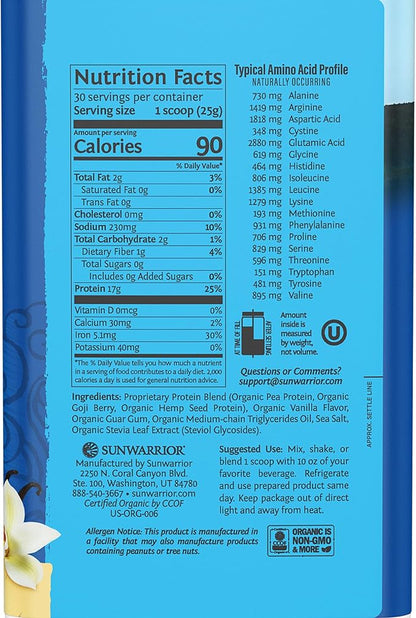 Sunwarrior Vegan Protein Powder Organic Plant-Based Protein | BCAA Amino Acids Hemp Seed Plant
