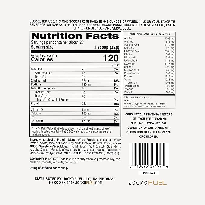 Jocko Fuel Mölk Whey Protein Powder 22g Protein - 95mg of Caffeine - Low Sugar Monk Fruit Blend