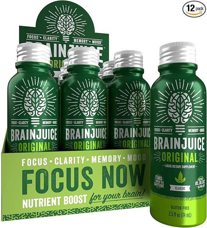BrainJuice Focus & Energy Drink Shots, Nootropics with Alpha GPC, B Vitamins & Organic Green Tea