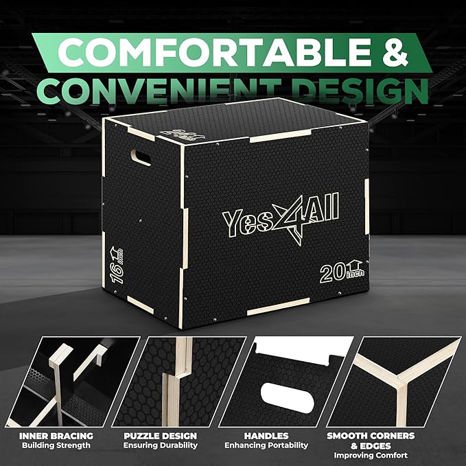 Yes4All 3 in 1 Non-Slip Wooden Plyo Box, Step Up Box for Workout, Plyometric Jump Box for Skipping