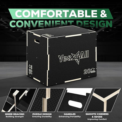 Yes4All 3 in 1 Non-Slip Wooden Plyo Box, Step Up Box for Workout, Plyometric Jump Box for Skipping