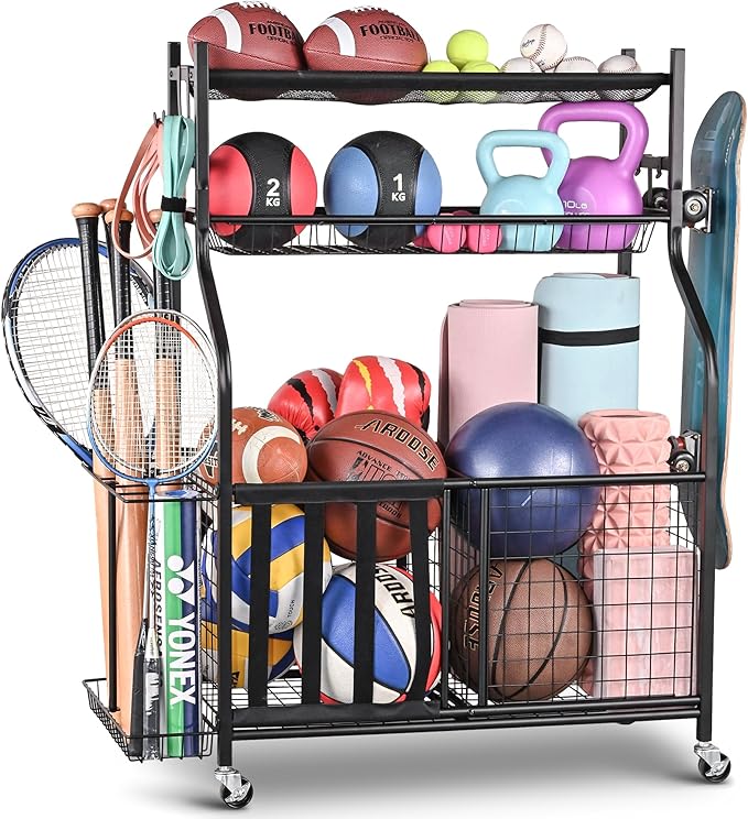 PLKOW Sports Equipment Organizer - Garage Storage Rack with Basket and Hooks, Ball Storage, Toy and