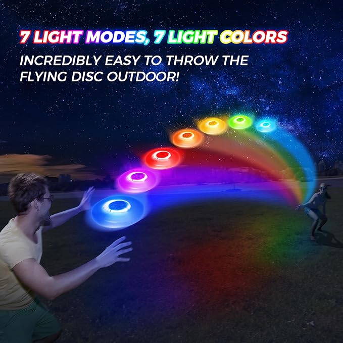 Glow in The Dark LED Flying Disc - 7 Dynamic Modes, 7 Colors, IP65 Waterproof, Perfect Birthday &
