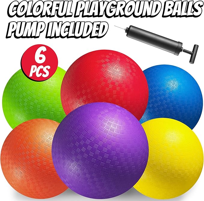 10 Inch Kickball Playground Balls - (Pack of 6) Inflatable Rubber Indoor Outdoor Bouncy Balls for