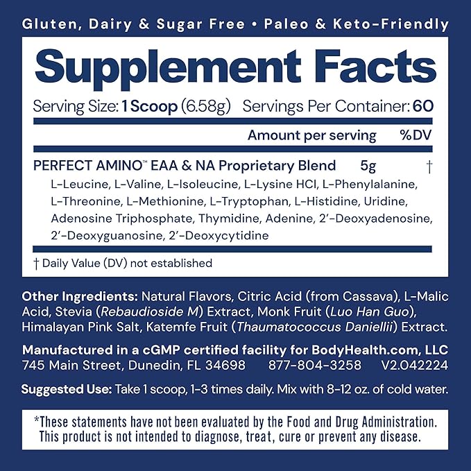 BodyHealth PerfectAmino Powder - BCAA and EAA Powder for Pre and Post Workout - Amino Acid Energy