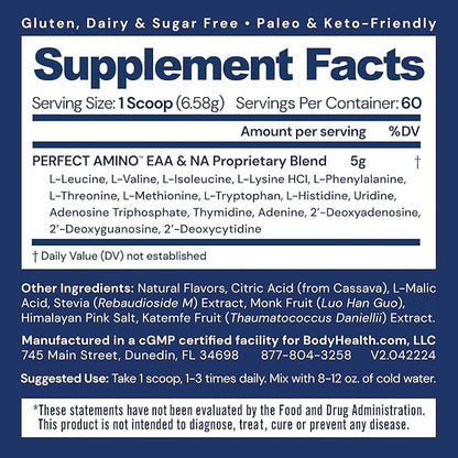BodyHealth PerfectAmino Powder - BCAA and EAA Powder for Pre and Post Workout - Amino Acid Energy