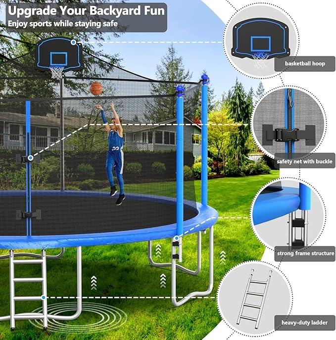 Upgraded 10/12/14/15/16FT Trampoline Outdoor, Large Kids Trampoline with Light, Stakes, Sprinkler