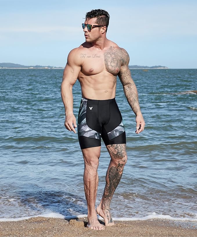 HUGE SPORTS Men's Rash Guard Swim Shorts Compression Swimming Jammer Cool Dry Active Swimsuit