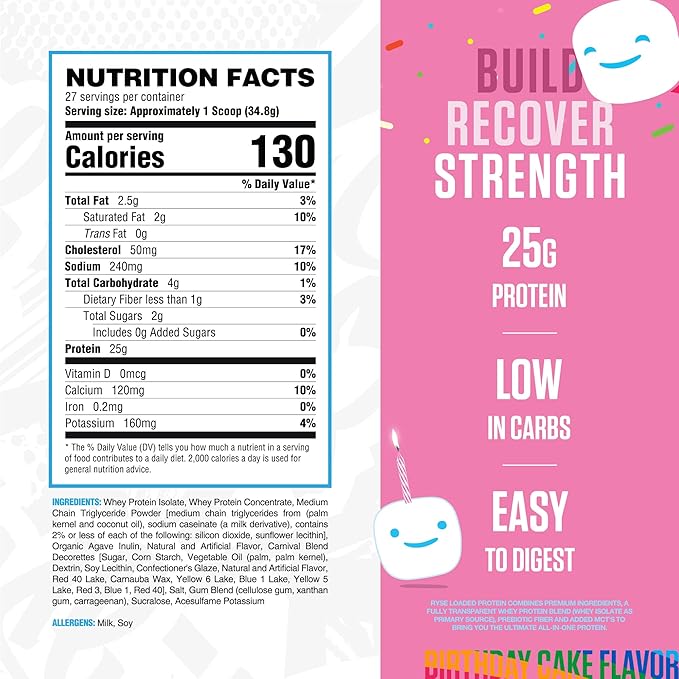 RYSE Loaded Protein Powder - Jet-Puffed Birthday Cake - 25g Whey Protein Isolate & Concentrate with