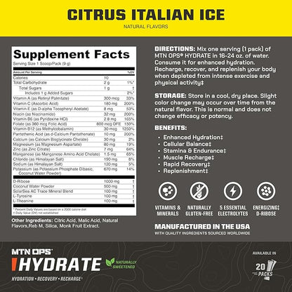 MTN OPS Hydrate Electrolytes Powder Drink Mix, Naturally Sweetened with Monk Fruit, Gluten Free 20