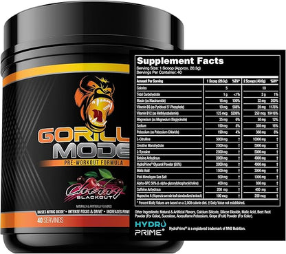Gorilla Mind Pre Workout - Massive Pumps Laser Focus Energy Power - L-Citrulline, Creatine