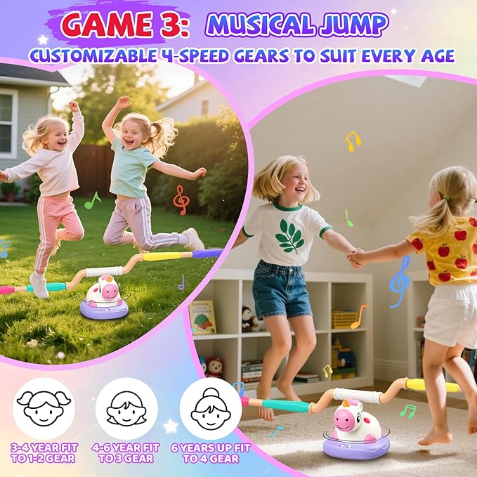 3-in-1 Outdoor Toys for Kids Ages 3-8, Unicorn Rocket Launcher, Ring Toss & Musical Jump - Backyard