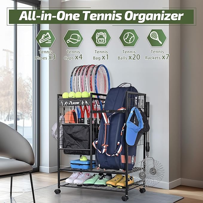 PLKOW Tennis Bag Organizer Tennis Racket Storage Rack, Tennis Equipment Holder for Bags, Balls