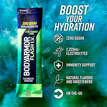BODYARMOR Flash IV Electrolyte Packets, Cucumber Lime - Zero Sugar Drink Mix, Single Serve Packs