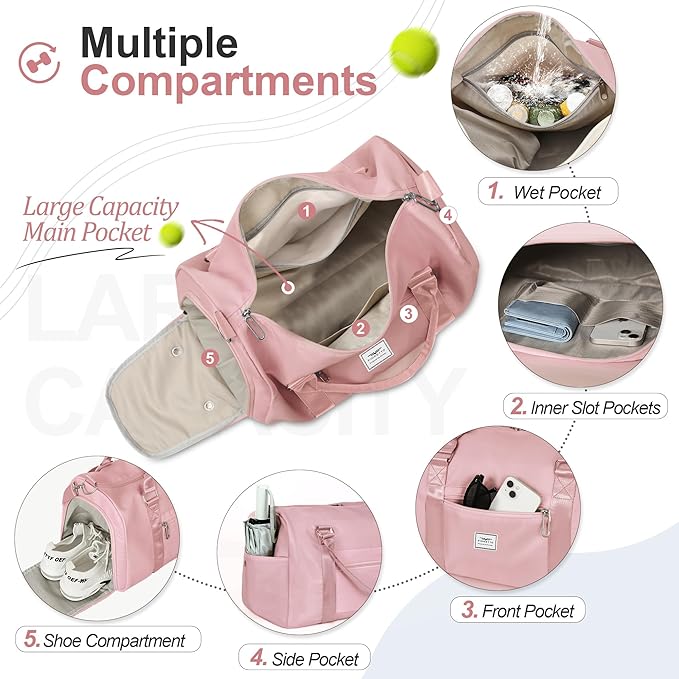 FIORETTO Womens Gym Tote Duffle Bag with Wet Pocket & Shoe Compartment, Sports Duffel Overnight