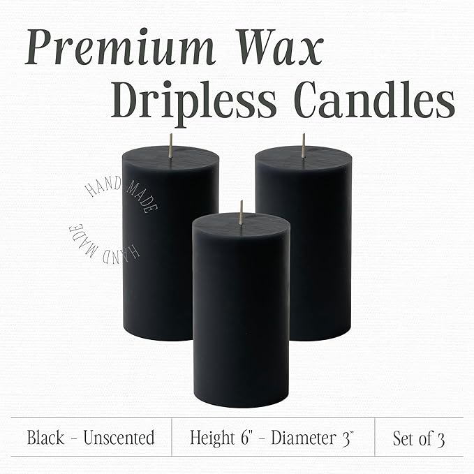 Mister Candle Dripless Unscented Pillar Candles, Set of 3 Hand Poured Black Pillar Candles, Solid