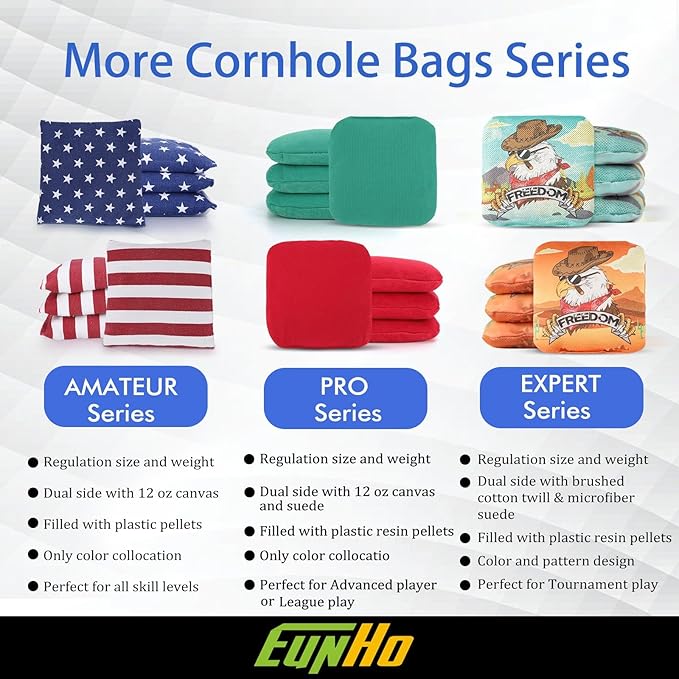 EunHo Dual Sided Cornhole Bags Regulation Set of 8 Professional Cornhole Bean Bags Slick and Stick