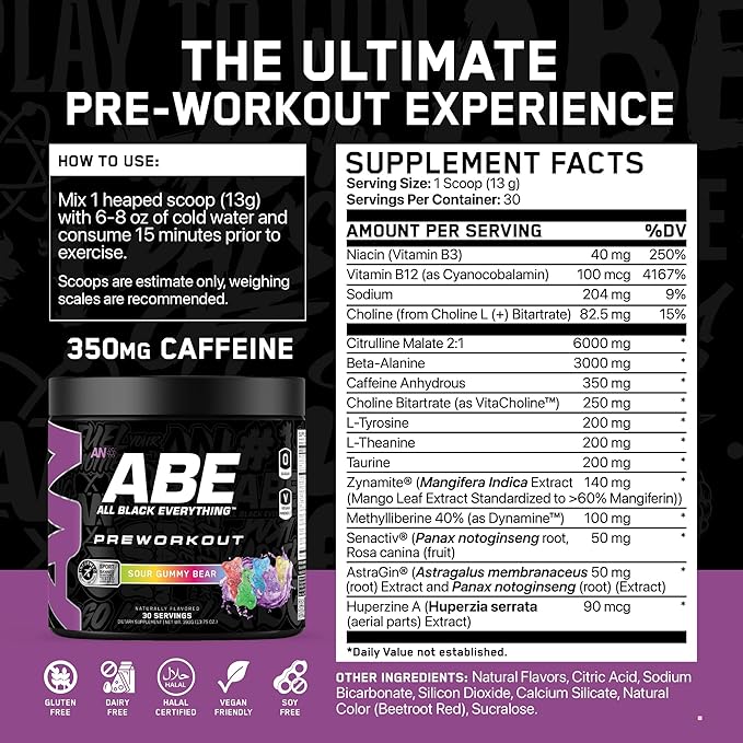 All Black Everything Pre Workout Powder | 30 Servings | Sour Gummy Bear | 350mg Caffeine |
