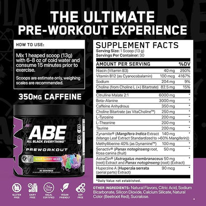 All Black Everything Pre Workout Powder | 30 Servings | Sour Gummy Bear | 350mg Caffeine |