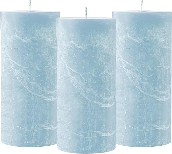 Simply Soson 3x6 inch Light Blue Pillar Candles Set of 3, Rustic Texture, Unscented Candles