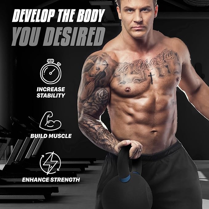 Yes4All Kettlebell, Heavy Duty Powder Coated Cast Iron Kettlebells, Non-Slip Handle & Flat Bottom
