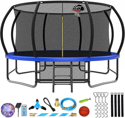 12 14 15 16FT Trampoline Outdoor with Basketball Hoop, Trampoline with Lights for Kids and Adults