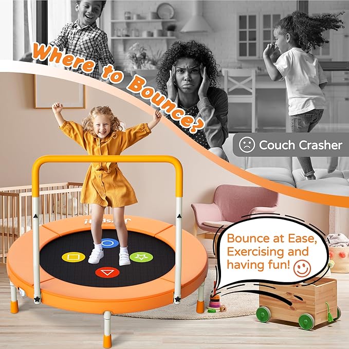 3FT Toddler Trampoline with Adjustable Handlebar, 36" Foldable & Spring-Free, Mini Kids Indoor