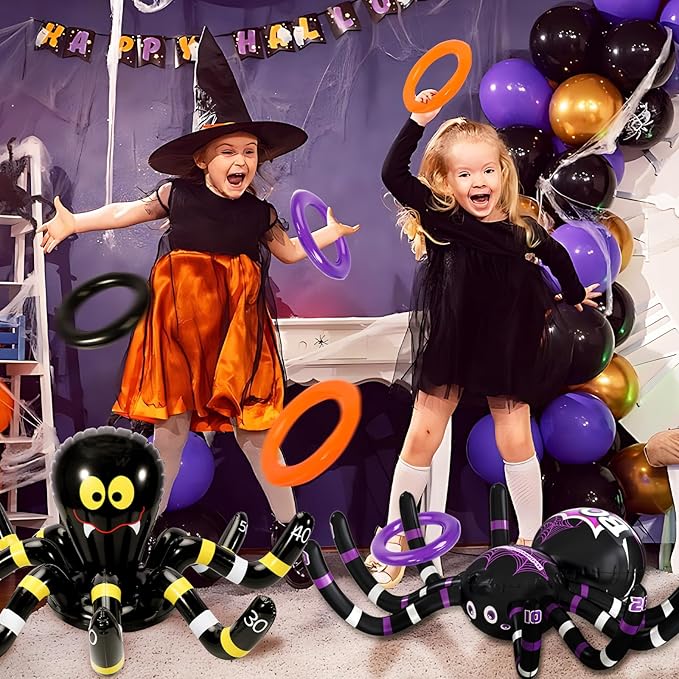 Max Fun Halloween Ring Toss Games for Kids, 2 Pack Inflatable Spiders Set Halloween Party Favor