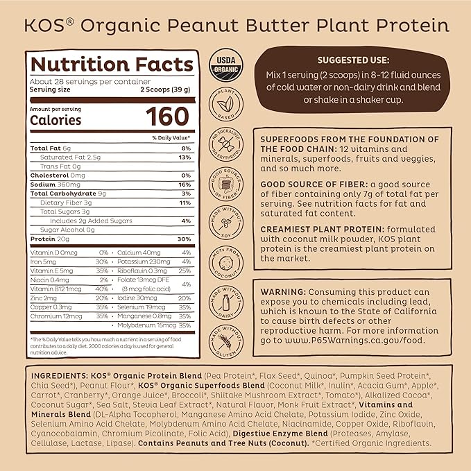 KOS Organic Plant Based Protein Powder, Chocolate Peanut Butter - Delicious Vegan Protein Powder