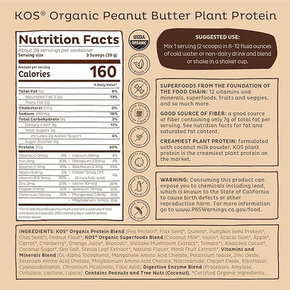 KOS Organic Plant Based Protein Powder, Chocolate Peanut Butter - Delicious Vegan Protein Powder