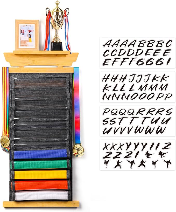 Tilhumt 12/10 Belts Karate Belt Display Rack with Stickers, Taekwondo Belt Display with