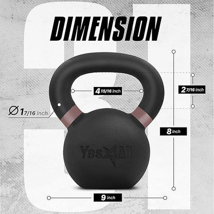 Yes4All Kettlebell, Heavy Duty Powder Coated Cast Iron Kettlebells, Non-Slip Handle & Flat Bottom