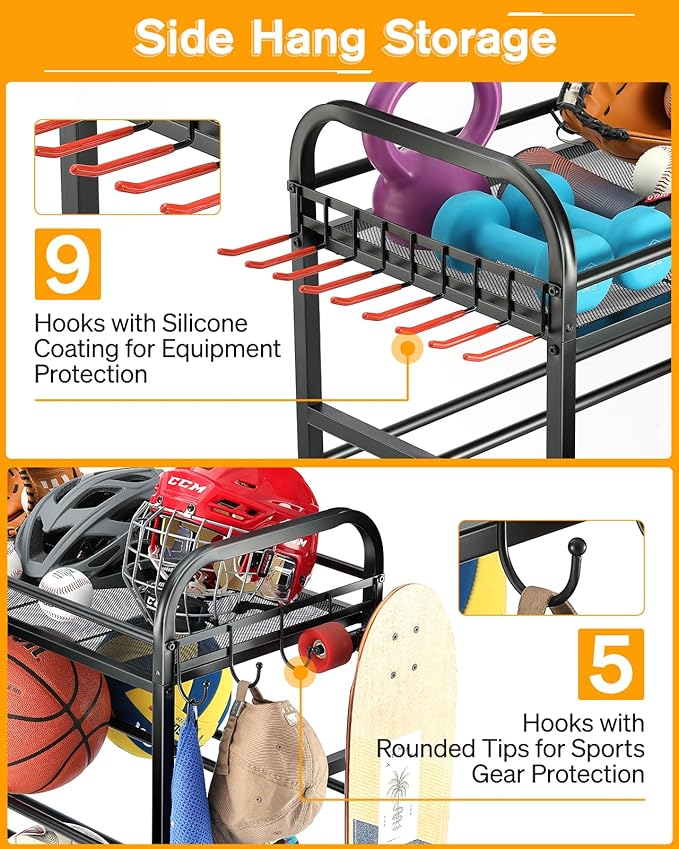 Garage Sports Equipment Organizer - Rolling Ball Storage Bin with Wheels, Garage Sports Gear Rack