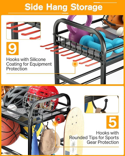 Garage Sports Equipment Organizer - Rolling Ball Storage Bin with Wheels, Garage Sports Gear Rack