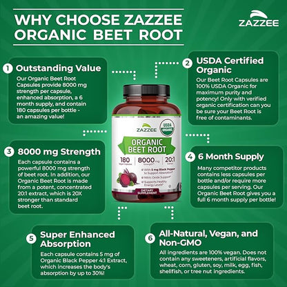 Zazzee USDA Organic Beet Root 8000 mg Strength 20:1 Extract, 180 Vegan Quick Release Capsules