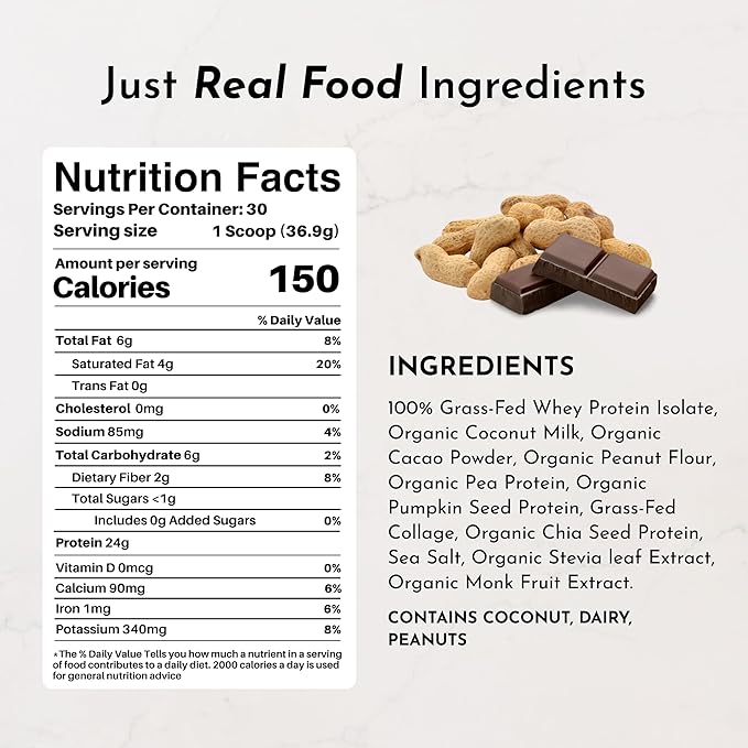 JUST INGREDIENTS Creamy Peanut Butter Chocolate Protein Powder ??30-ServingBlend with Grass-Fed