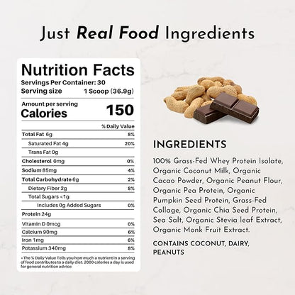 JUST INGREDIENTS Creamy Peanut Butter Chocolate Protein Powder ??30-ServingBlend with Grass-Fed