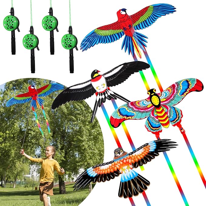 4Pcs Large Fishing Rod Kite for Kid Adults 23.62 Inch Vivid Swallow Parrot Phoenix Butterfly Kite