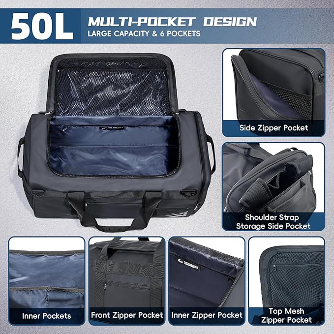 Duffle Backpack Heavy Duty Gym Bag for Men, 50L Convertible Travel Duffel Water Resistant Large