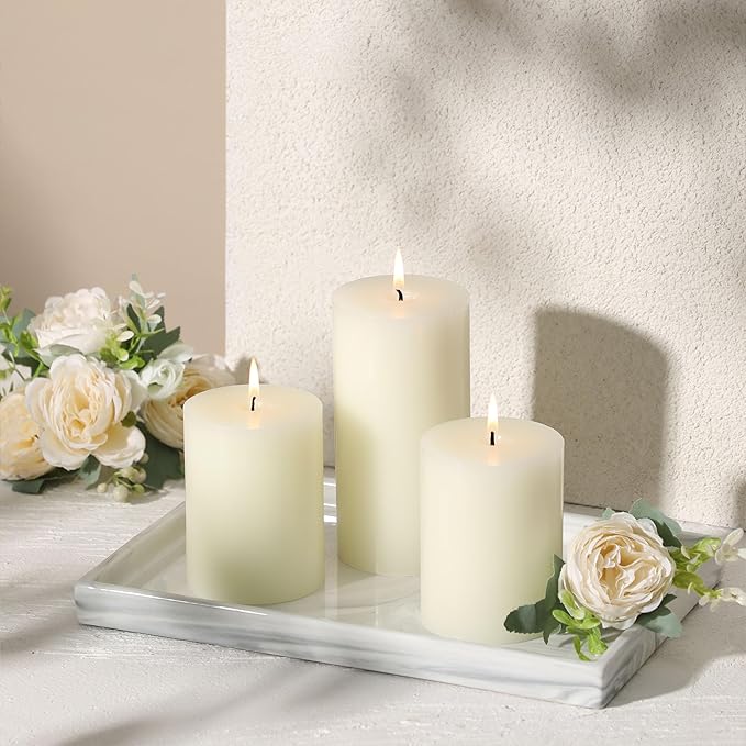3x4 Inch White Pillar Candles Set of 3 - Decorative Unscented Pillar Candle, Long Burning Dripless