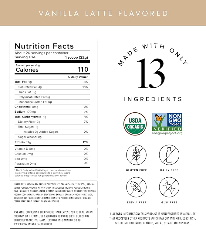 Truvani Protein + Energy Drink Mix with 87mg Caffeine | Vanilla Latte | 12g Organic Plant Based