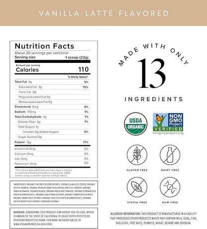 Truvani Protein + Energy Drink Mix with 87mg Caffeine | Vanilla Latte | 12g Organic Plant Based