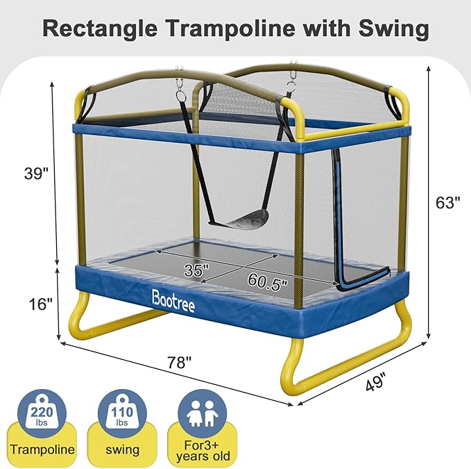 6.5FT Rectangle Trampoline for Kids, 78”ASTM Approved Recreational Trampolines with Swing, Small
