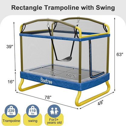 6.5FT Rectangle Trampoline for Kids, 78”ASTM Approved Recreational Trampolines with Swing, Small