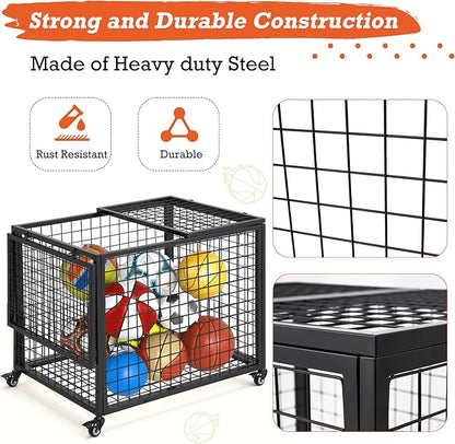 AECOJOY Ball Cart Storage, Rolling Basketball Bin with Wheels for Garage, School, Gym, Sports